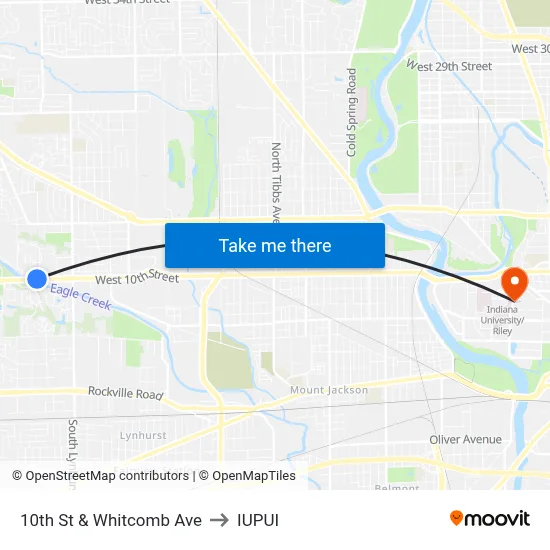10th St & Whitcomb Ave to IUPUI map