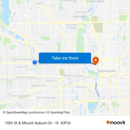 10th St & Mount Auburn Dr to IUPUI map
