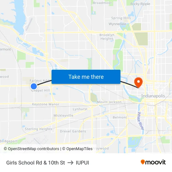 Girls School Rd & 10th St to IUPUI map
