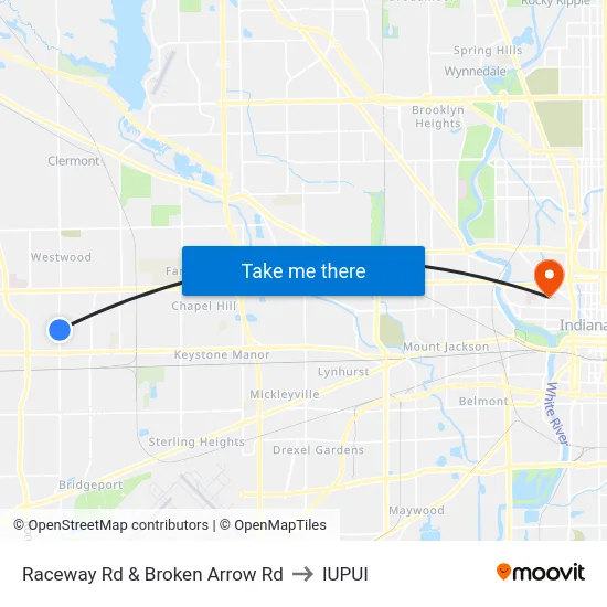 Raceway Rd & Broken Arrow Rd to IUPUI map