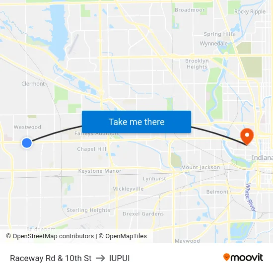 Raceway Rd & 10th St to IUPUI map