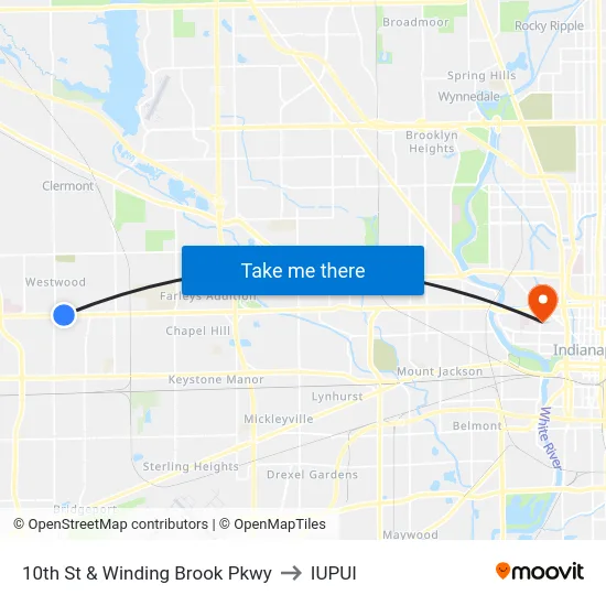 10th St & Winding Brook Pkwy to IUPUI map