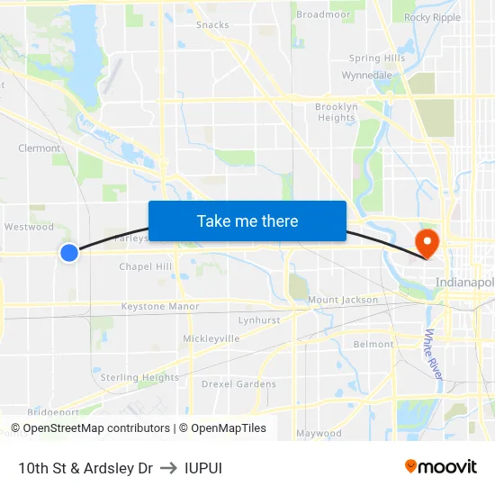 10th St & Ardsley Dr to IUPUI map