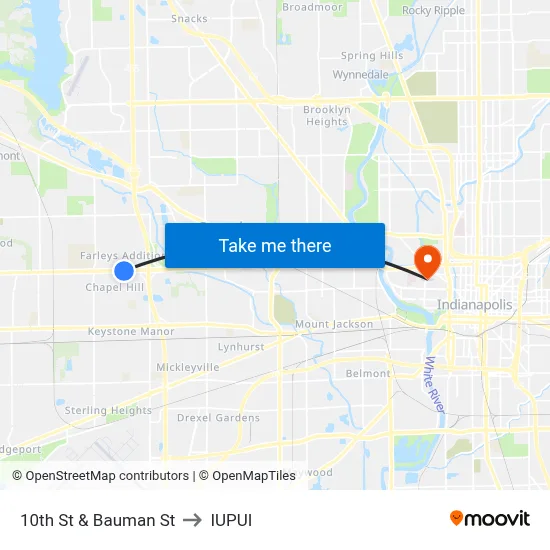 10th St & Bauman St to IUPUI map
