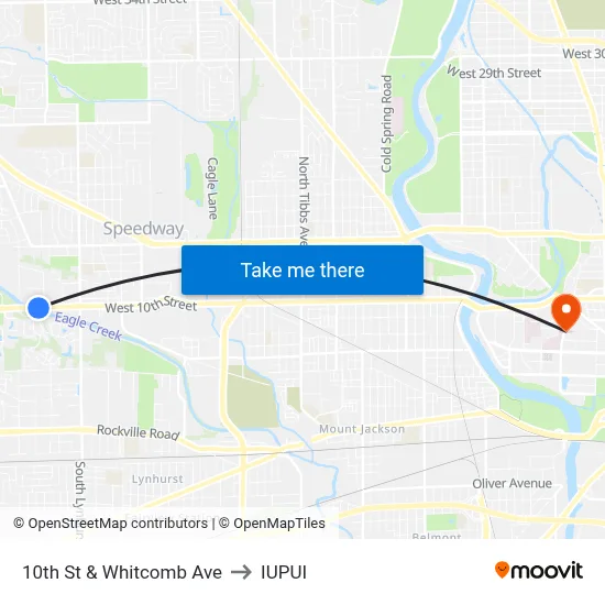 10th St & Whitcomb Ave to IUPUI map