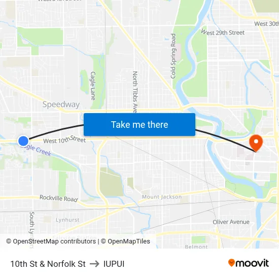 10th St & Norfolk St to IUPUI map