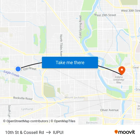 10th St & Cossell Rd to IUPUI map