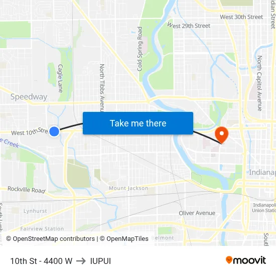 10th St - 4400 W to IUPUI map