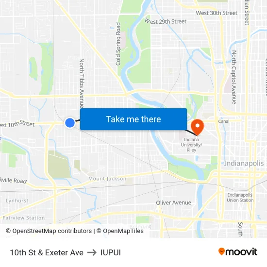 10th St & Exeter Ave to IUPUI map
