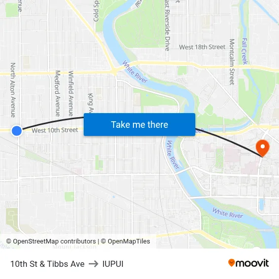 10th St & Tibbs Ave to IUPUI map