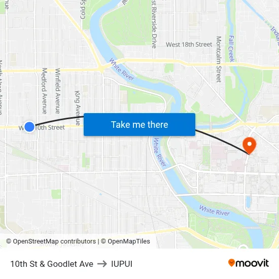 10th St & Goodlet Ave to IUPUI map