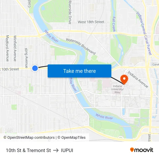 10th St & Tremont St to IUPUI map