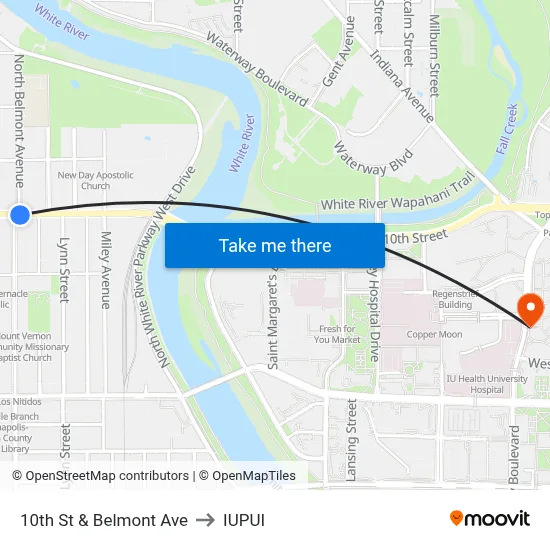 10th St & Belmont Ave to IUPUI map