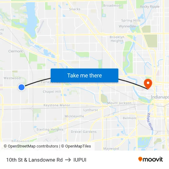 10th St & Lansdowne Rd to IUPUI map