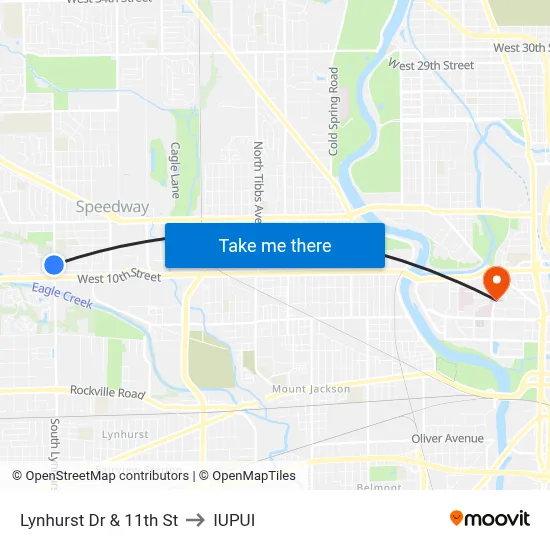 Lynhurst Dr & 11th St to IUPUI map