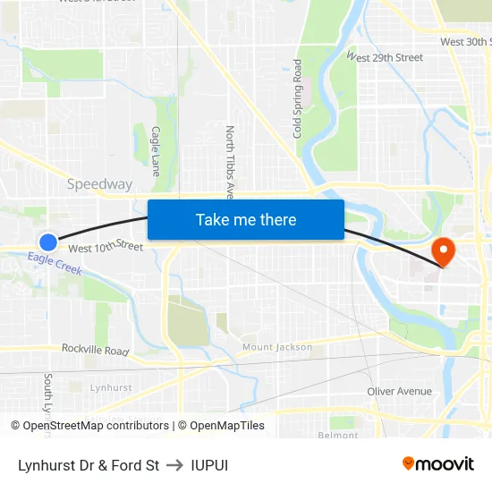 Lynhurst Dr & Ford St to IUPUI map