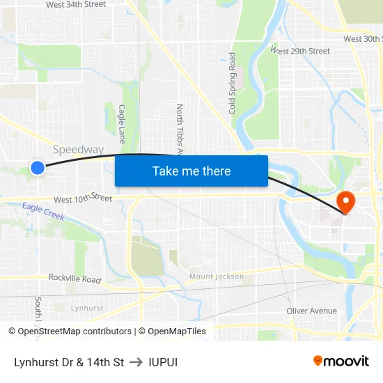 Lynhurst Dr & 14th St to IUPUI map