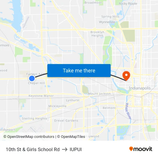 10th St & Girls School Rd to IUPUI map