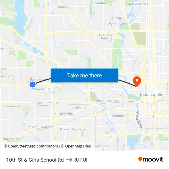 10th St & Girls School Rd to IUPUI map