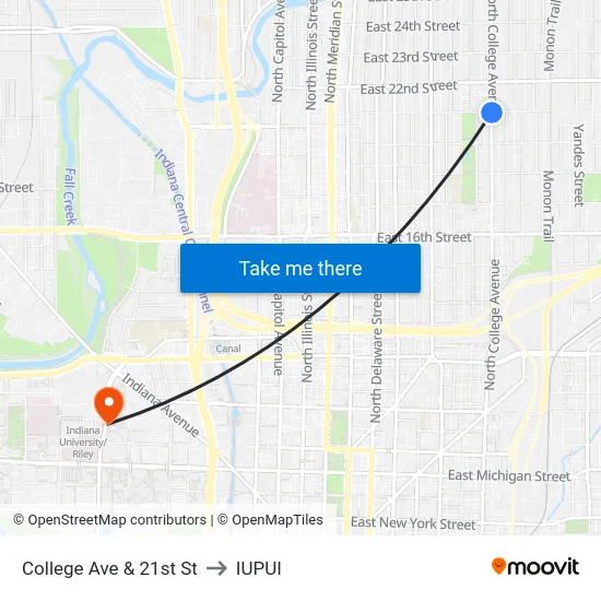 College Ave & 21st St to IUPUI map