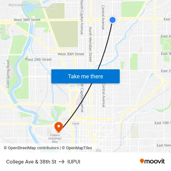 College Ave & 38th St to IUPUI map