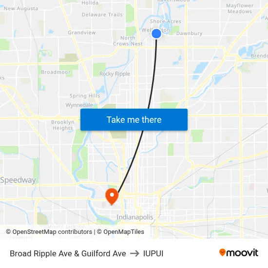 Broad Ripple Ave & Guilford Ave to IUPUI map