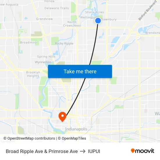 Broad Ripple Ave & Primrose Ave to IUPUI map