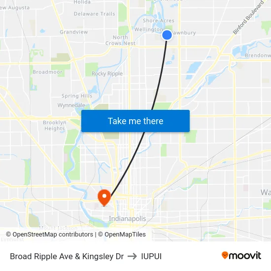 Broad Ripple Ave & Kingsley Dr to IUPUI map