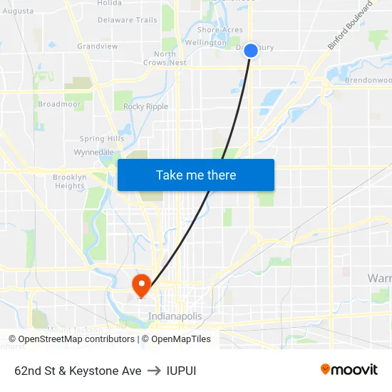 62nd St & Keystone Ave to IUPUI map