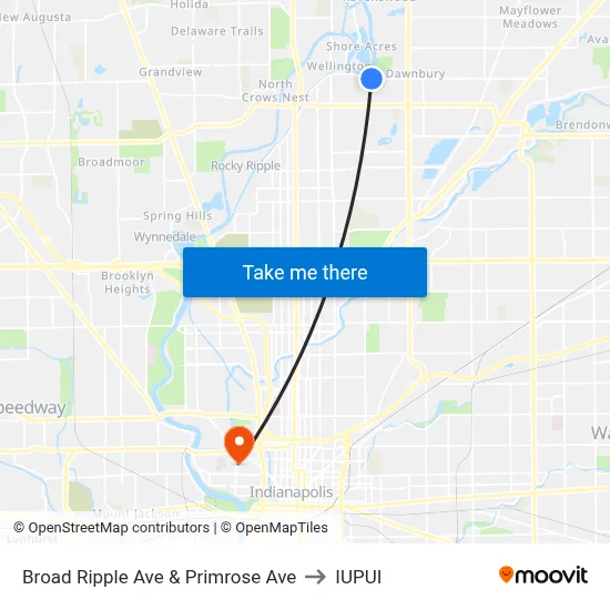 Broad Ripple Ave & Primrose Ave to IUPUI map