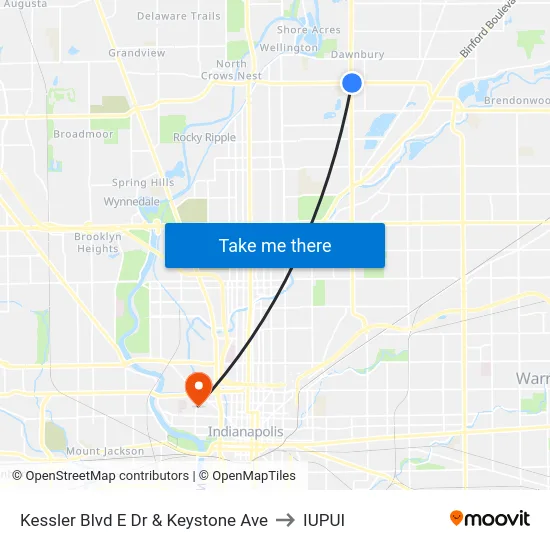 Kessler Blvd E Dr & Keystone Ave to IUPUI map