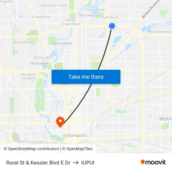 Rural St & Kessler Blvd E Dr to IUPUI map