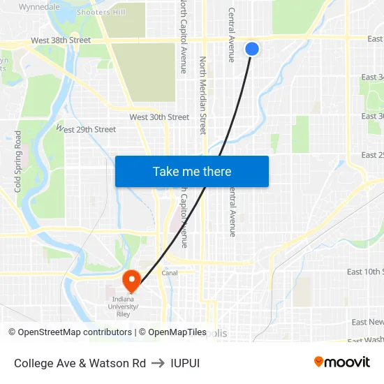College Ave & Watson Rd to IUPUI map