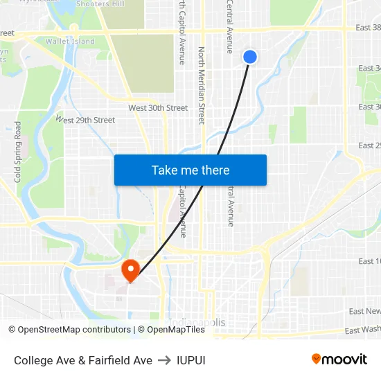 College Ave & Fairfield Ave to IUPUI map
