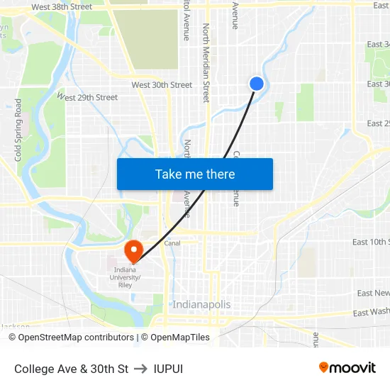 College Ave & 30th St to IUPUI map