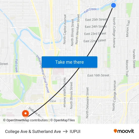 College Ave & Sutherland Ave to IUPUI map