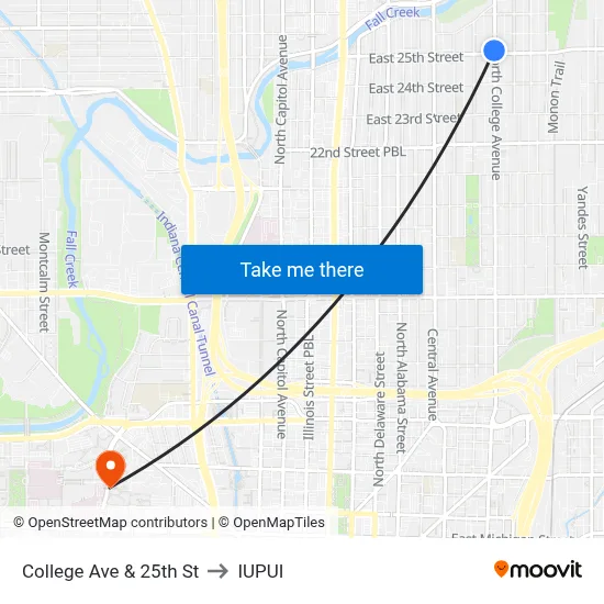 College Ave & 25th St to IUPUI map