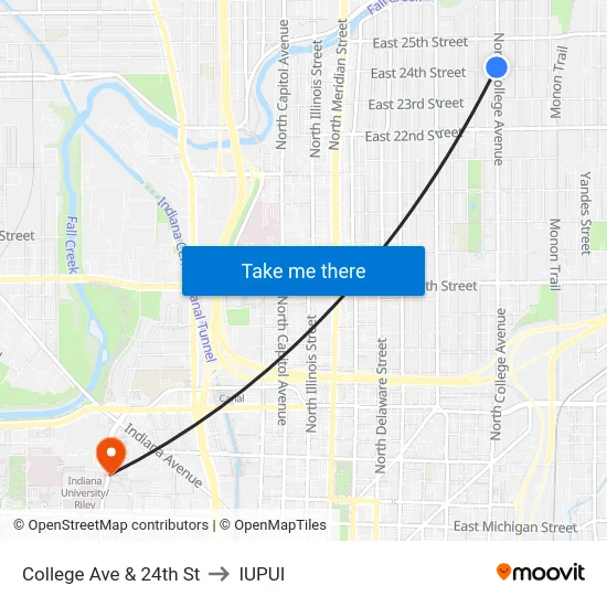 College Ave & 24th St to IUPUI map