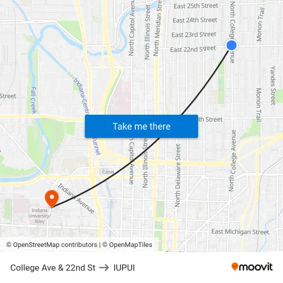 College Ave & 22nd St to IUPUI map