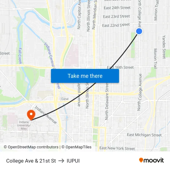 College Ave & 21st St to IUPUI map