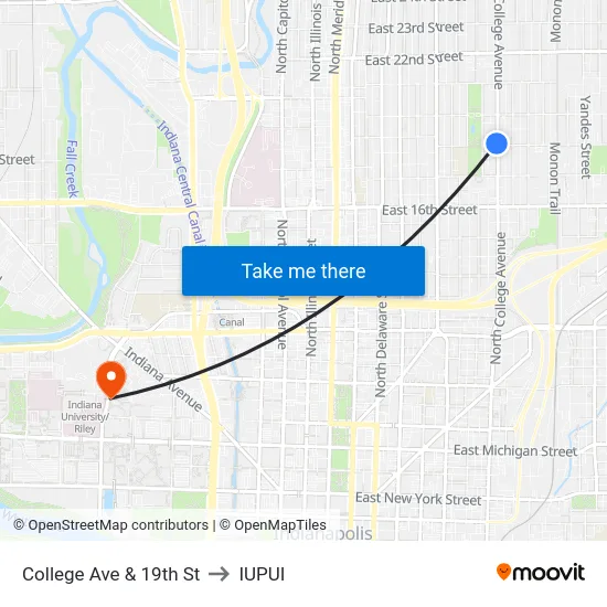 College Ave & 19th St to IUPUI map