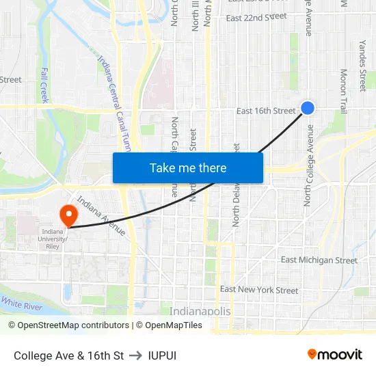 College Ave & 16th St to IUPUI map