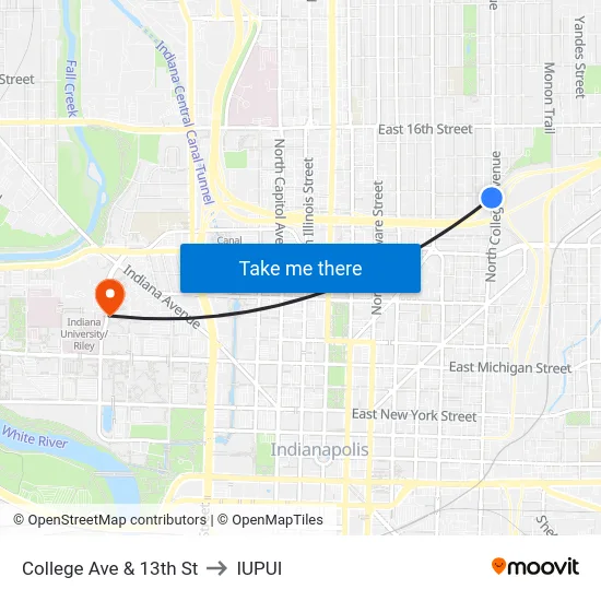 College Ave & 13th St to IUPUI map