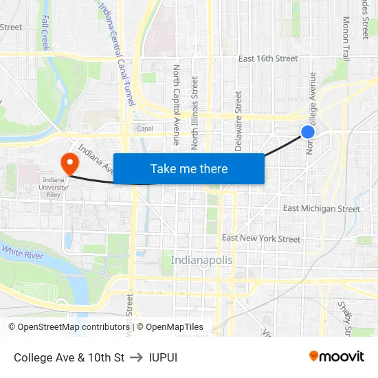 College Ave & 10th St to IUPUI map