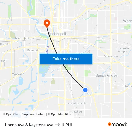 Hanna Ave & Keystone Ave to IUPUI map