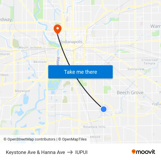 Keystone Ave & Hanna Ave to IUPUI map