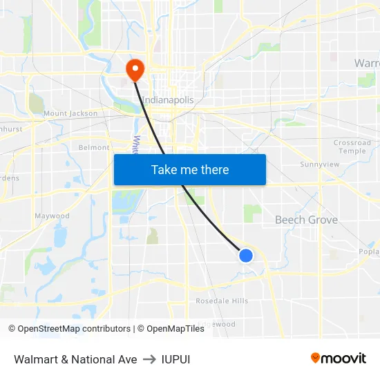 Walmart & National Ave to IUPUI map