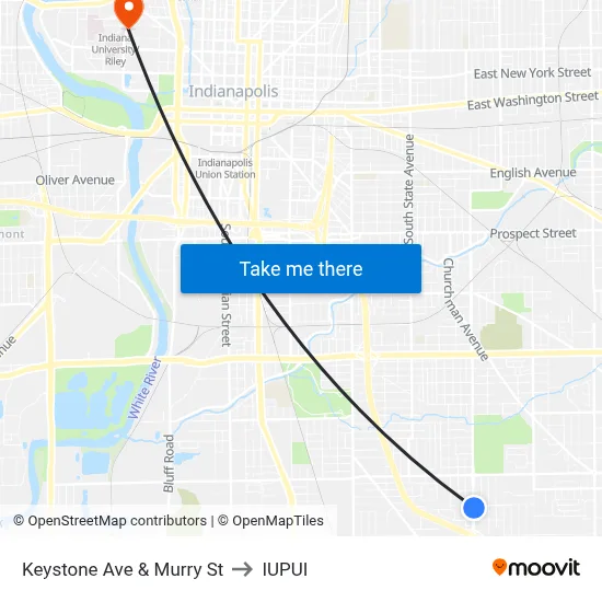 Keystone Ave & Murry St to IUPUI map