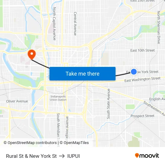 Rural St & New York St to IUPUI map