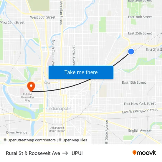 Rural St & Roosevelt Ave to IUPUI map